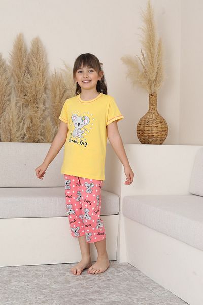 KAPİTEX Mother Daughter Short Sleeve Crew Neck Kuala Printed Yellow Color Girls Pajamas Set