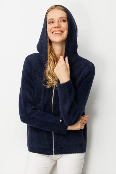 Desen Triko Women's Hooded Zippered Short Knitwear Sweatshirt Navy Blue