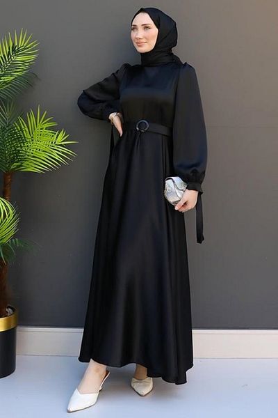 STİLZERAFET Belted Satin Evening Dress