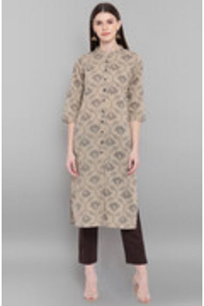 IndHeritage Premium cotton office / casual kurti - Light grey kurti / kurta for women with balck ethnic prints