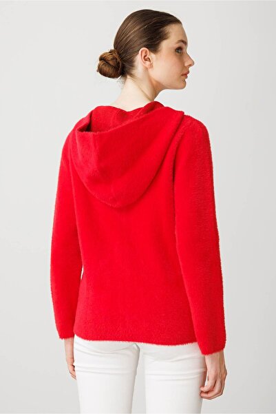 Desen Triko Women's Hooded Zippered Short Knitwear Sweatshirt Y.Red