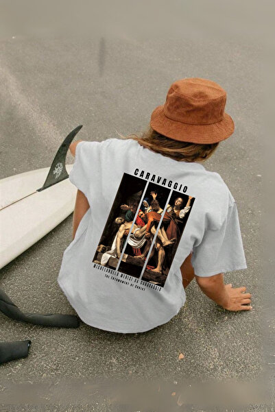 LAYORA Tricou oversize din bumbac 100% imprimat cu pictură Michelangelo