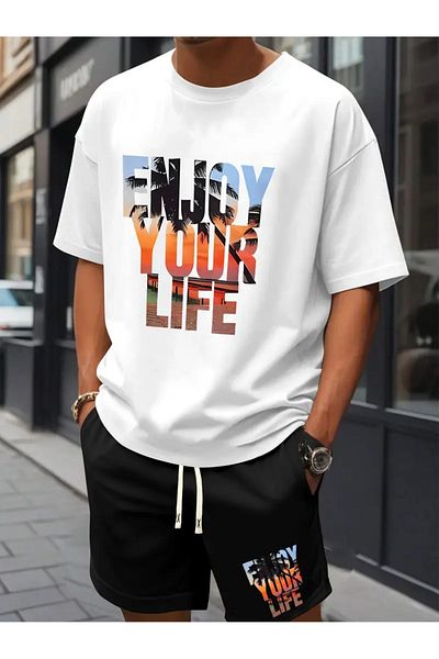 LAND MODA Casual Lace-Up T-Shirt and Shorts Set for Men, Striped Pattern, for Spring/Summer