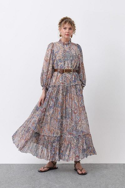 Puane Women's Ruffle and Belt Detailed Patterned Dress 12616Elb