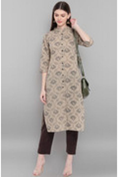 IndHeritage Premium cotton office / casual kurti - Light grey kurti / kurta for women with balck ethnic prints
