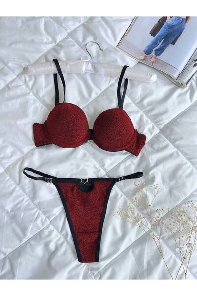 Lingerie Red Heart Glitter Black Supported Bra Set Supported Women's Underwear Bra Thong Set