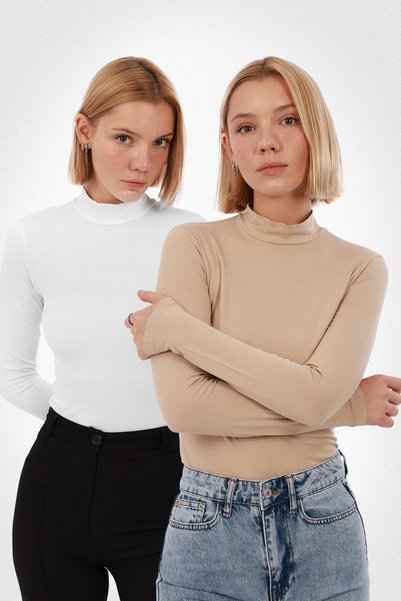 Yade Fashion Kadın Uzun Kollu Balıkçı Yaka Body 2’li Set – Beyaz Ekru
