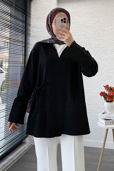 MELEK ARAZ Side Tie Shirt Collar Poplin Kimono -Black