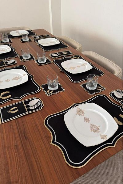 Çeyiz Diyarı Let's Eat Linen Embroidered American Service Set 19 Pieces Black
