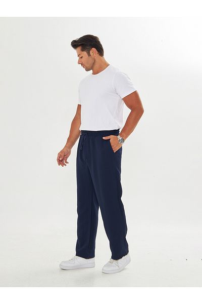 masso moda Men's Baggy Muslin Linen Waist Lace-Up Elastic Straight Leg Trousers