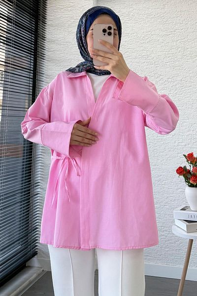 MELEK ARAZ Side Tie Shirt Collar Poplin Kimono -Pink