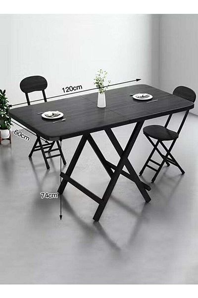 Taimi 5-Piece Folding Dining Set, Wooden Table 100x60x74cm with 2 Folding Chairs with Metal Frame - Black