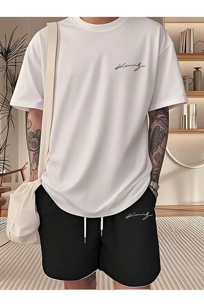 LAND MODA 2D Letter Printed Men's Two-Piece Set: Round Neck Short Sleeve T-Shirt and Lace-Up Shorts Summer Spor