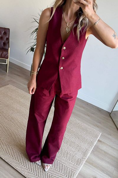 Sue Store Μπορντό Κουμπί Μπροστά Oversize Γιλέκο Παντελόνι Λινό Σετ