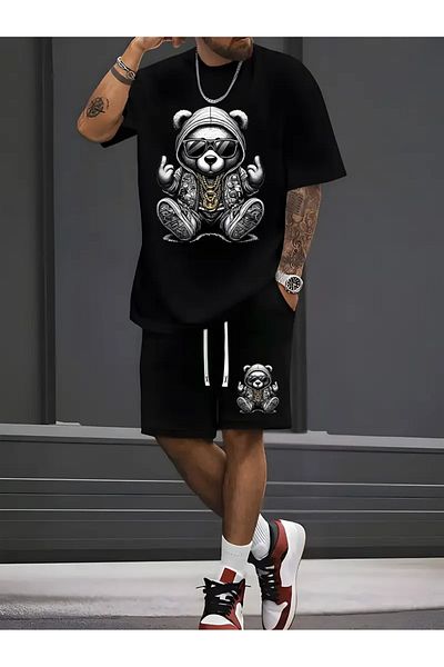 LAND MODA Steel Bear Printed Men's Short Sleeve T-Shirt and Waistband Shorts Set of 2, Casual Sports Regular Top