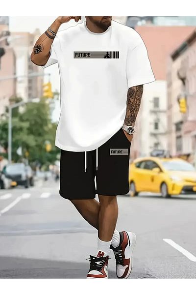 LAND MODA Summer Letter Printed Round Neck Short Sleeve T-Shirt and Shorts Set for Men, Outdoor Sportswear
