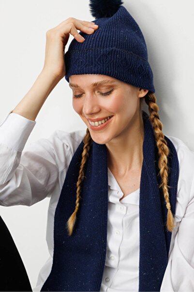 Desen Triko Women's Glittery Jacquard Pompom Wool Hat Y.A Navy Blue