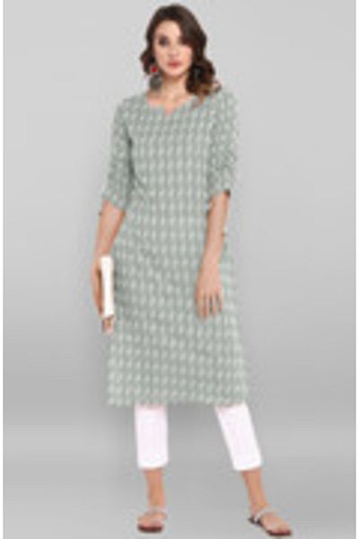 IndHeritage Premium cotton office / casual kurti - Light grey kurti / kurta for women with white ethnic prints