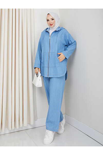 Pamuk Butik Women's Double Casual Jeans Set with Pockets and Trousers