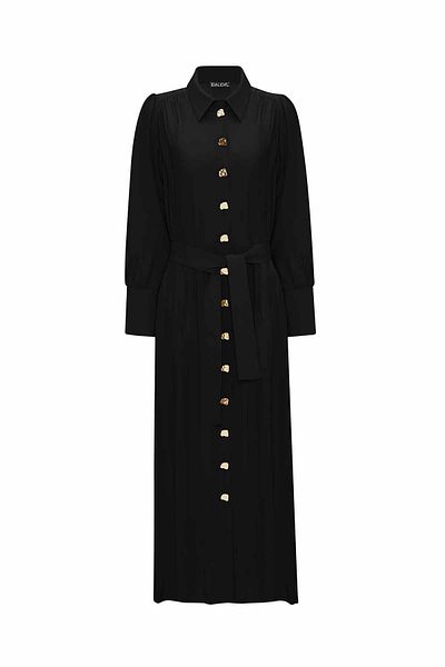 MISS DALIDA Black Button Detailed Belted Shirt Collar Dress T25Y-4020