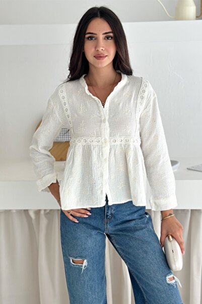 FEMELLE Bluză de damă albă cu guler judecător din dantelă cu broderie brodată cu mânecă lungă Design elegant