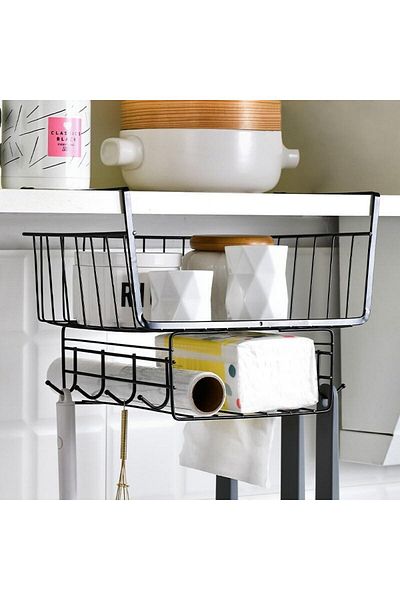 Cozy Nest Hanging Shelf Storage Kitchen Organizer Basket,Under Cabinet Slide-in Wire Rack With 8-Hooks