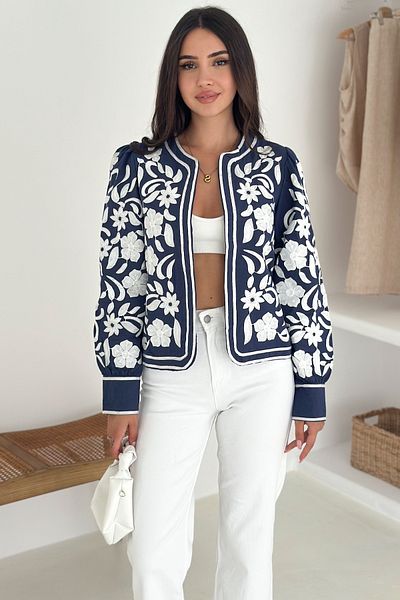 FEMELLE Jachetă elegantă cu mânecă lungă brodata cu model de flori albastru bleumarin pentru femei
