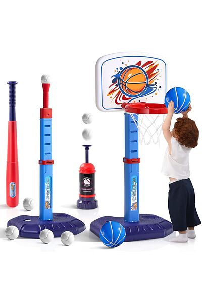 DmarQa 4 in 1 Kids Basketball & T-Ball Set – Adjustable Indoor Outdoor Sports Toy for Boys & Girls Ages 1-8