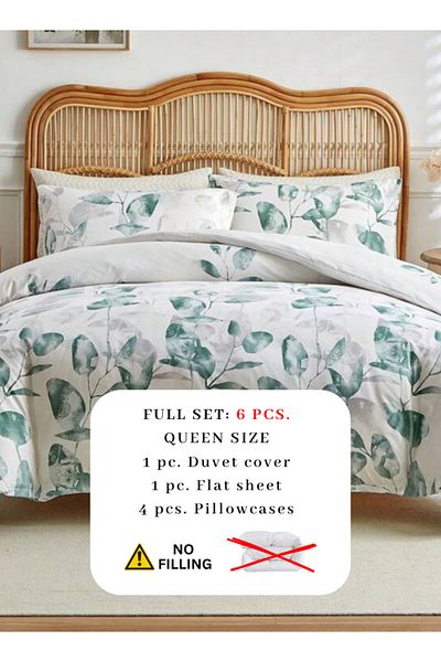 LUNA HOME Queen size 6 piece bedding set, with green and grey leaves.