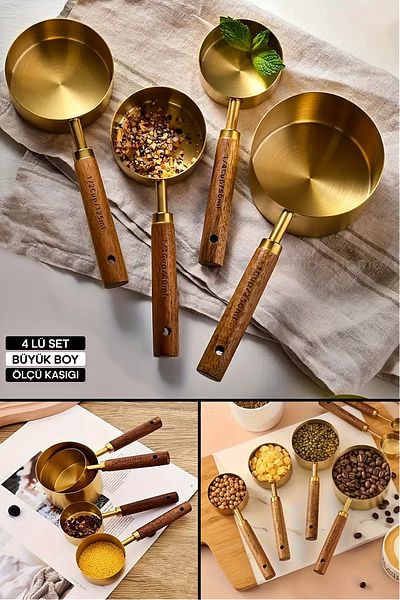 Tilbe Home Set of 4 Large Size Stainless Steel Wooden Handle Gold Measuring Spoon Set Measuring Cup 60ml 80ml 125ml 250ml
