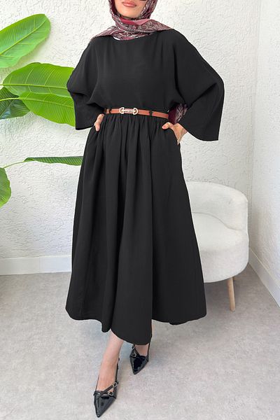 Salih Çelebi Flared Skirt Linen Suit 31287 - Black