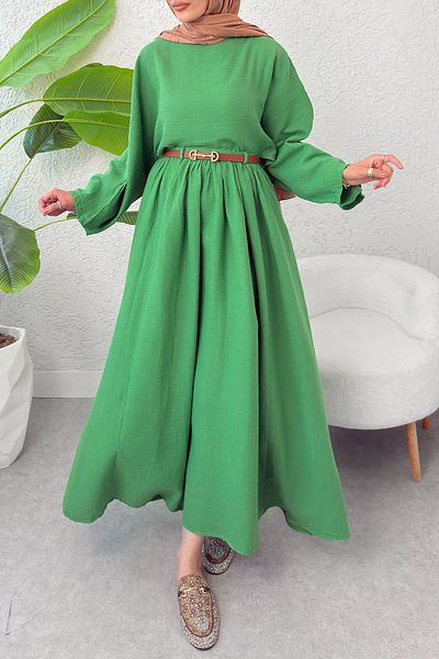 Salih Çelebi Flared Skirt Linen Suit 31287 - Green