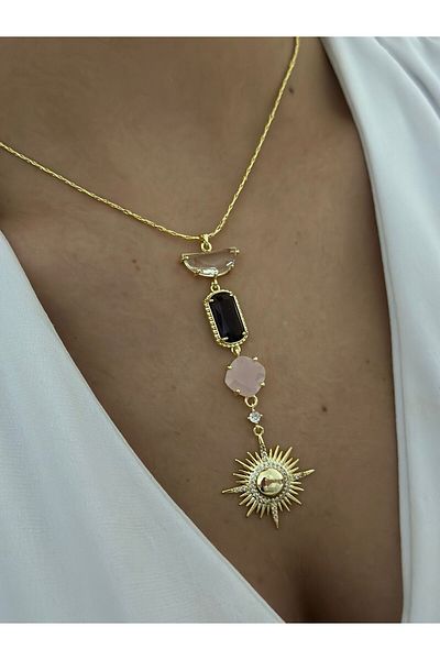 MyladyAccessoriess Sun and Baguette Stone Detail Steel Necklace