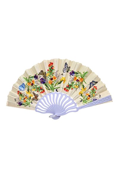 OEM Folding Fan Made of Plastic and Fabric with Floral Pattern, Cream