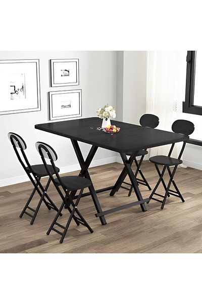 Taimi 5-Piece Folding Dining Set, Wooden Table 120x60x74cm with 2 Folding Chairs with Metal Frame - Black
