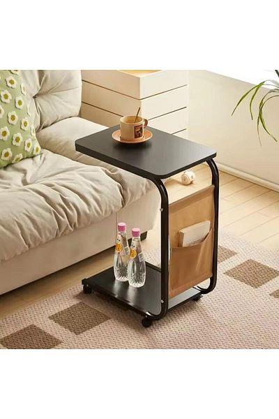 Türkiye C Shaped End Table, Side Table with Metal Frame, End Table TV Tray, Sofa Table WIth Rolling Casters,