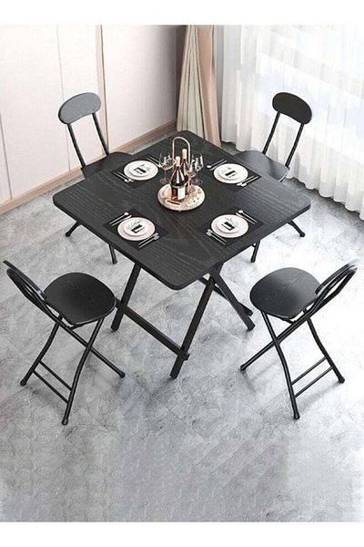 Taimi 5-Piece Folding Dining Set, Wooden Table 80x80x74cm with 2 Folding Chairs with Metal Frame - Black