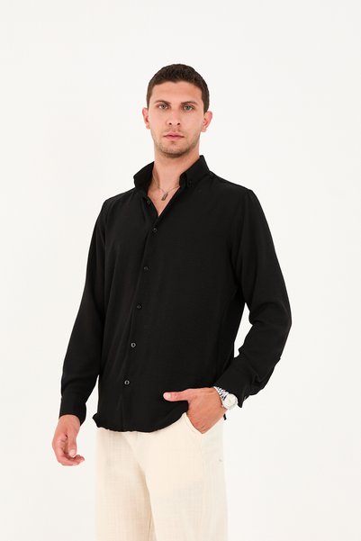No Way Men's Long Sleeve Button Collar Casual Aerobin Shirt