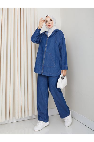 Pamuk Butik Women's Double Casual Jeans Set with Pockets and Trousers
