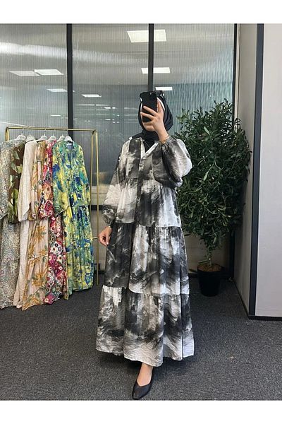 Oxygen Scarfs Women's Monochrome Brush Patterned Layered Hijab Dress