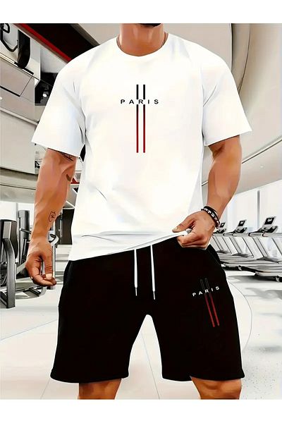 LAND MODA Fashion T-Shirt and Shorts Set for Men - Summer Two-Piece Outfit, Printed White T-Shirt,