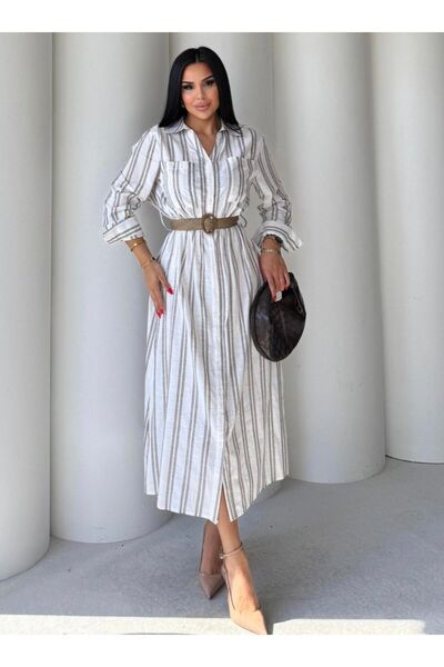 EGZOTİK ASORTİK Kemerli Beli Lastikli Keten Elbise