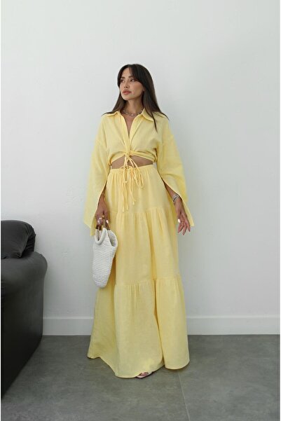 Havoş Yellow Front Knot Detailed Blouse Skirt Set