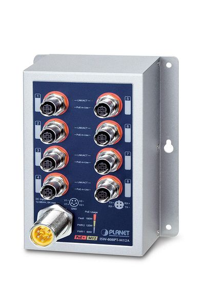 Inna marka Planet IP50 Ind 8-Portowy 10/100TX M12 Niezarządzalny Switch PoE+ (802.3at)