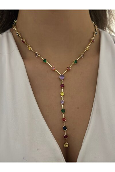 MyladyAccessoriess Renkli Tek Taş Detay Çelik Y Kolye