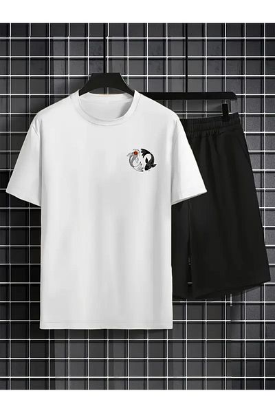 LAND MODA Men's Casual Tai Chi Koi Fish Graphic T-Shirt & Lace-Up Waist Shorts Set - Black and White, Comfortable