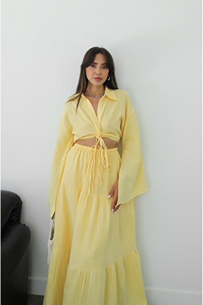 Havoş Yellow Front Knot Detailed Blouse Skirt Set