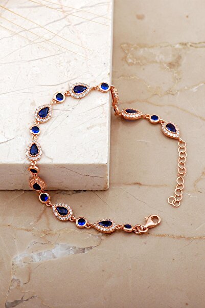 Sümer Telkari Damla Safir Taşlı Rose Gümüş Bileklik 4819