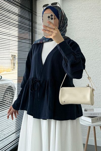 MELEK ARAZ Robadan Tie-Up Muslin Kimono – Navy Blue