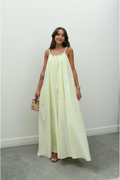 Havoş Yellow Mesh Detailed Lined Voile Dress